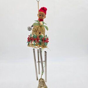 Vintage 1970s Christmas Elf Wind Chime Ornament With Holly & Bell Decoration